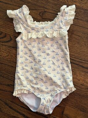Edgehill Collection White One-Piece Swimsuit with Blue Sailboat Print